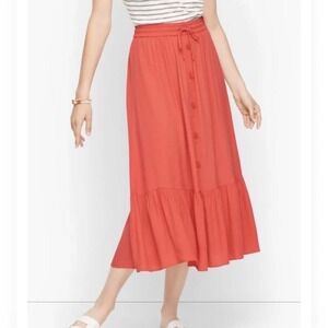 Talbots Coral Orange Red Button Front Tiered Midi Skirt L Elastic Waist Pull On
